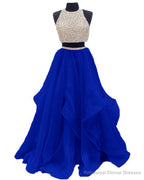 Two Piece High Neck Burgundy Prom Dress, Beaded Open Back Evening Gowns