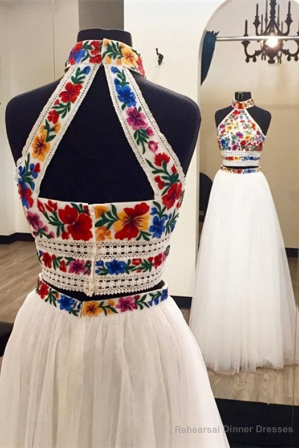Two Pieces Embroidery Prom Dresses, Unique Halter Open Back Formal Dress With Tulle Main image