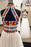 Two Pieces Embroidery Prom Dresses, Unique Halter Open Back Formal Dress With Tulle