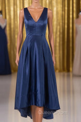 A Line Formal Satin V Neck High-Low Evening Prom Dress