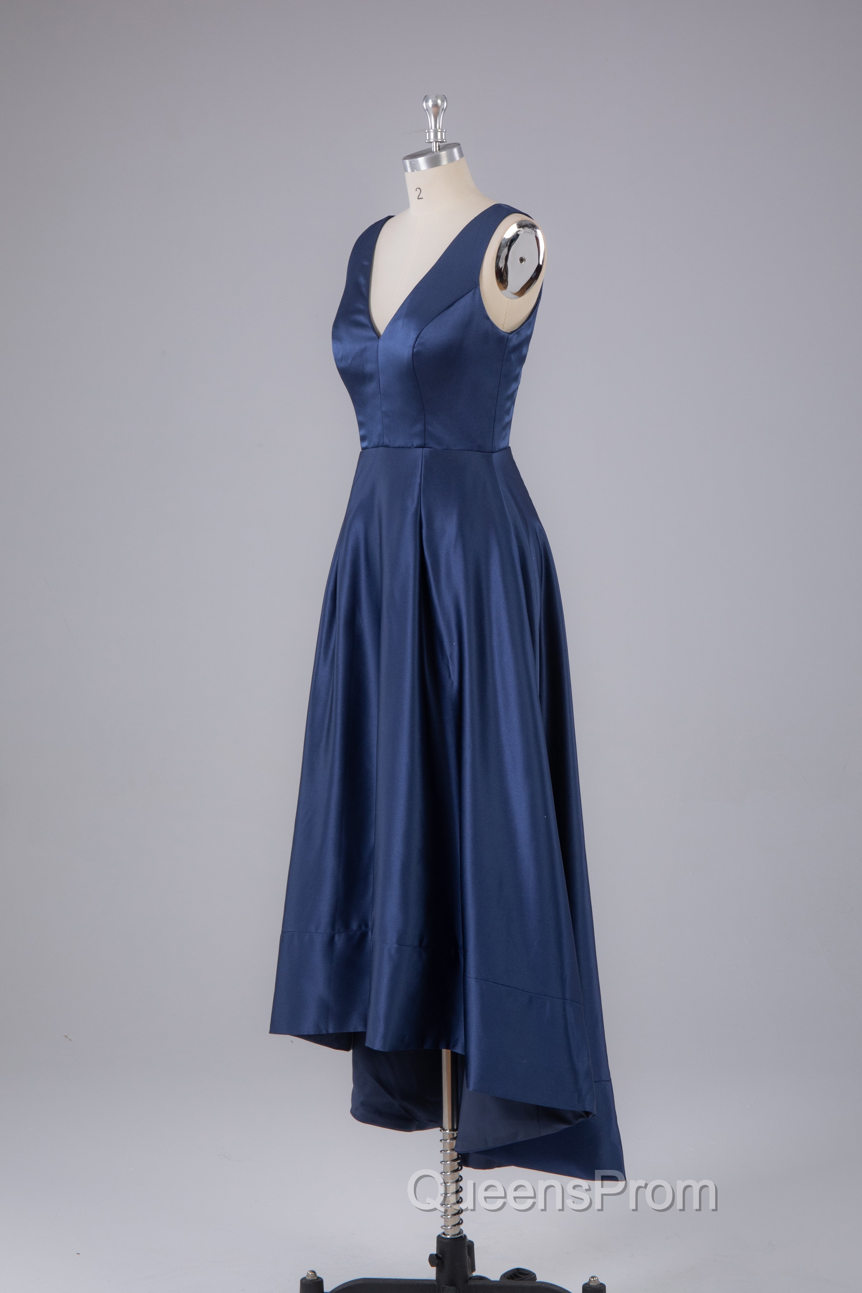 A Line Formal Satin V Neck High-Low Evening Prom Dress Secondary image