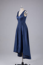 A Line Formal Satin V Neck High-Low Evening Prom Dress