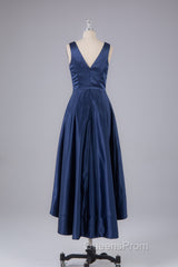 A Line Formal Satin V Neck High-Low Evening Prom Dress