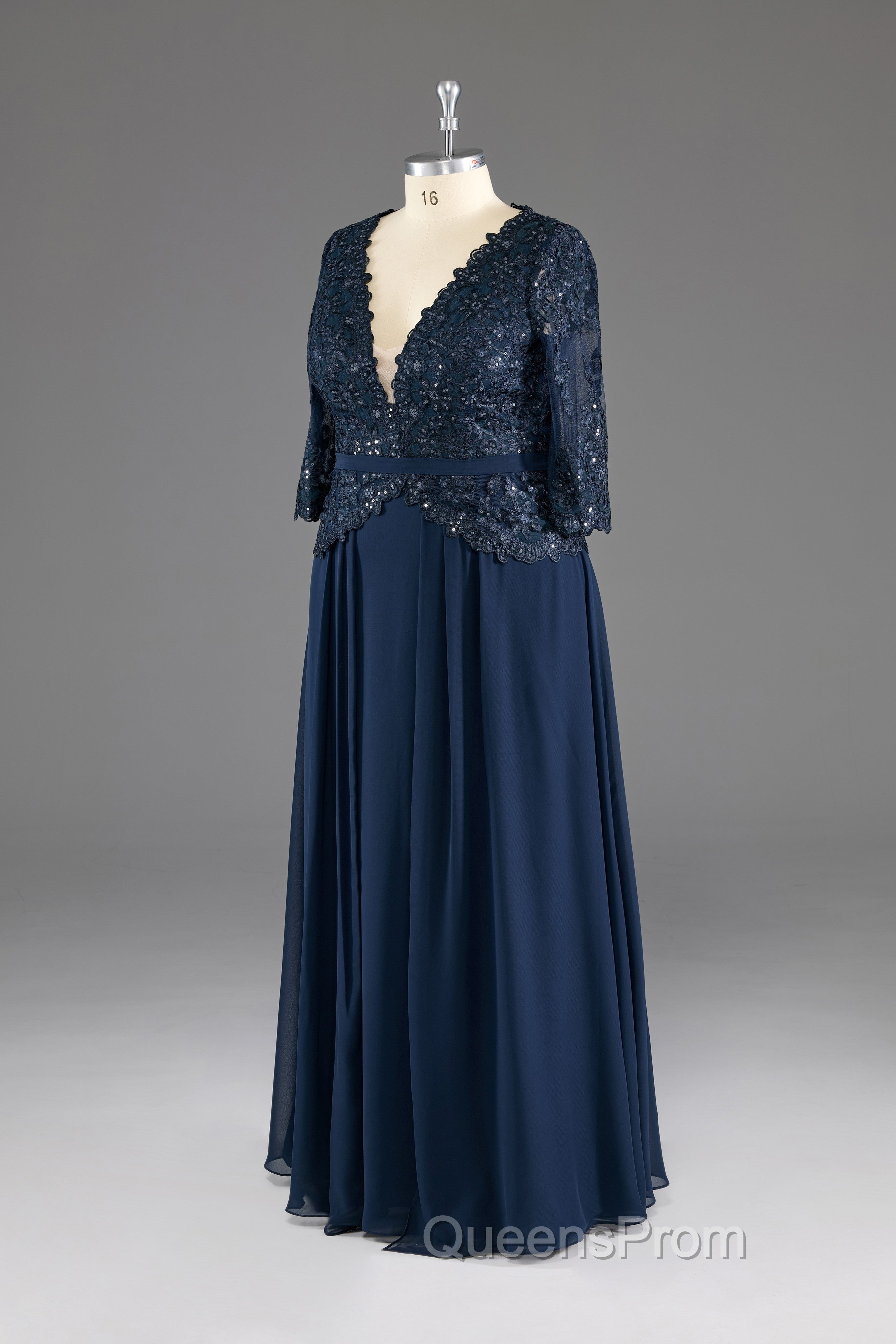 Navy V-Neck Long Sleeves Lace Appliques Chiffon Evening Prom Dress Secondary image