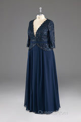 Navy V-Neck Long Sleeves Lace Appliques Chiffon Evening Prom Dress