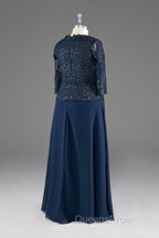 Navy V-Neck Long Sleeves Lace Appliques Chiffon Evening Prom Dress