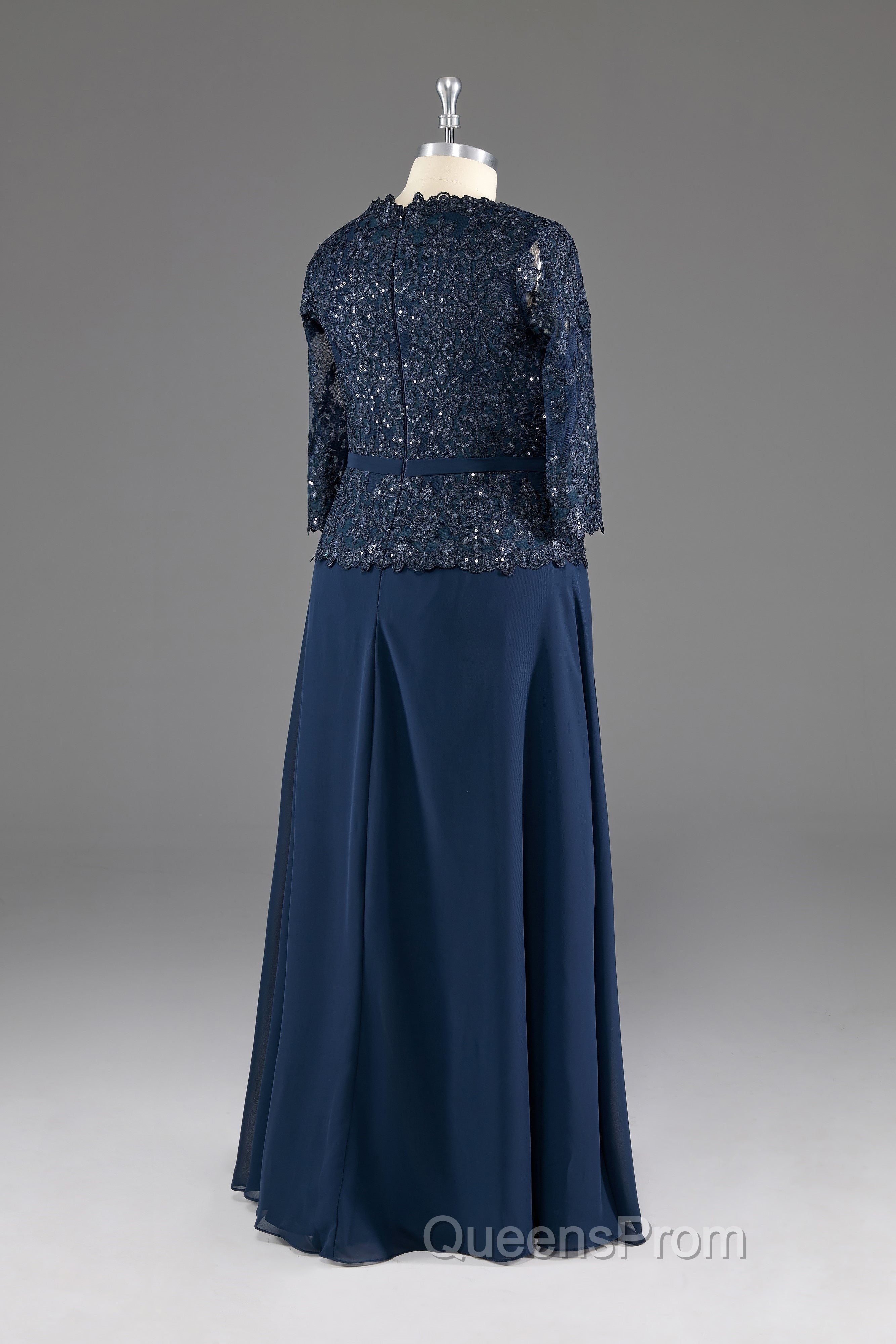 Navy V-Neck Long Sleeves Lace Appliques Chiffon Evening Prom Dress