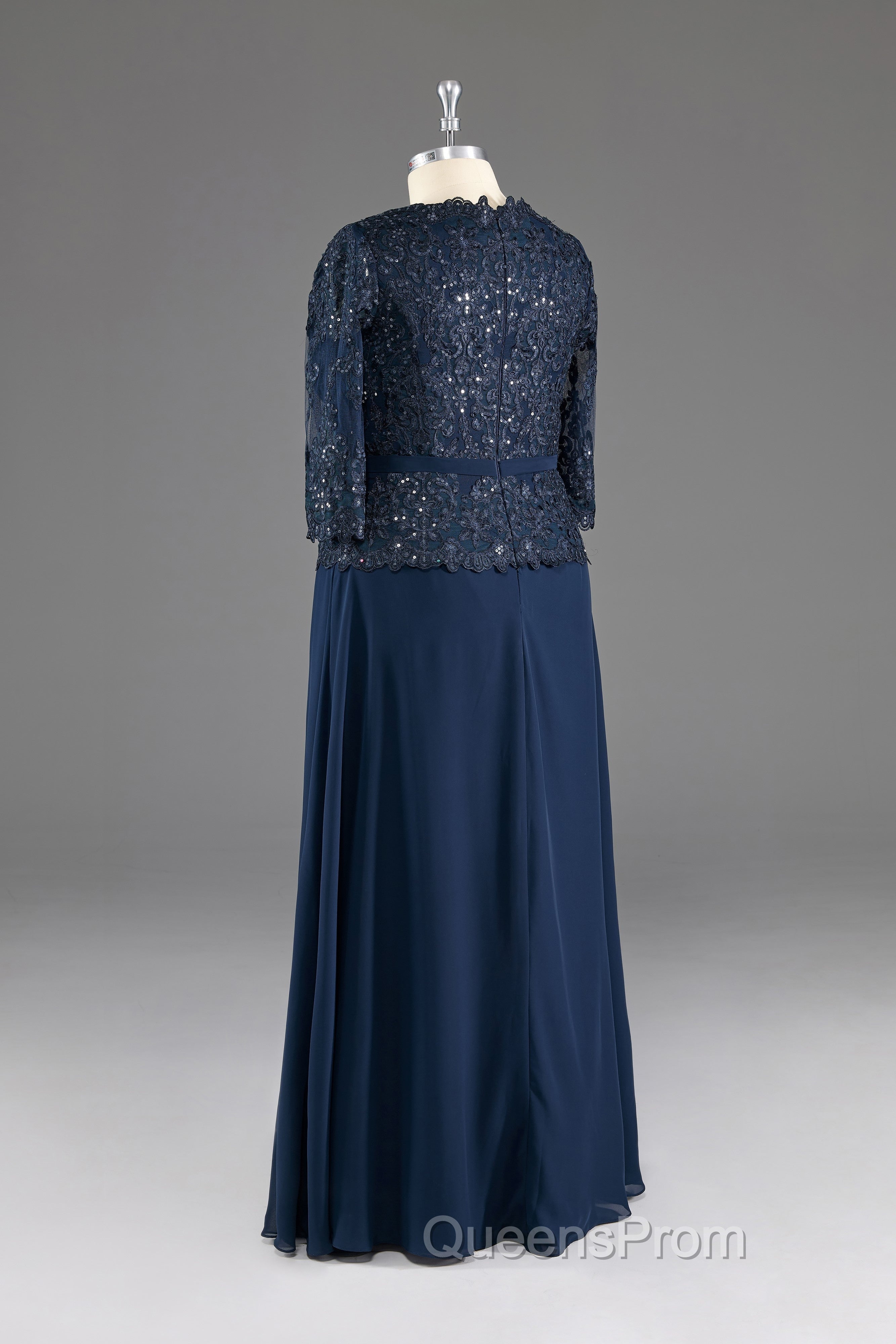 Navy V-Neck Long Sleeves Lace Appliques Chiffon Evening Prom Dress