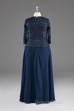 Navy V-Neck Long Sleeves Lace Appliques Chiffon Evening Prom Dress
