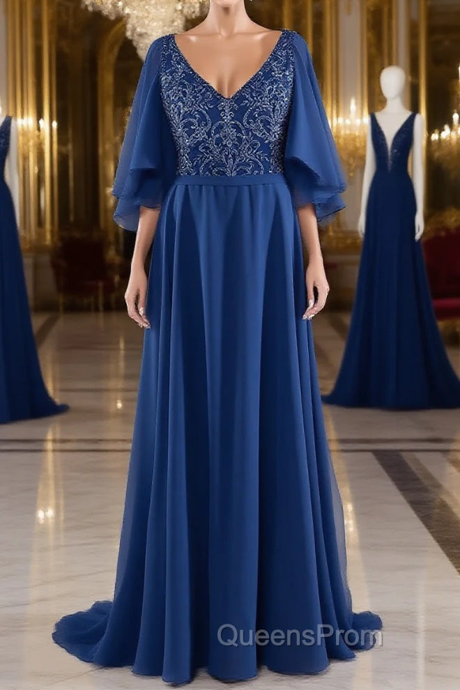 A-line V-Neck Short Sleeves Chiffon Mother of The Bride Dress