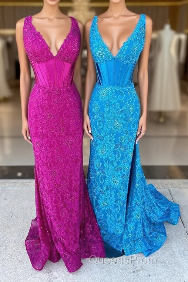 Glitter Navy Mermaid Sweep Train Evening Prom Dress With Slit Main image