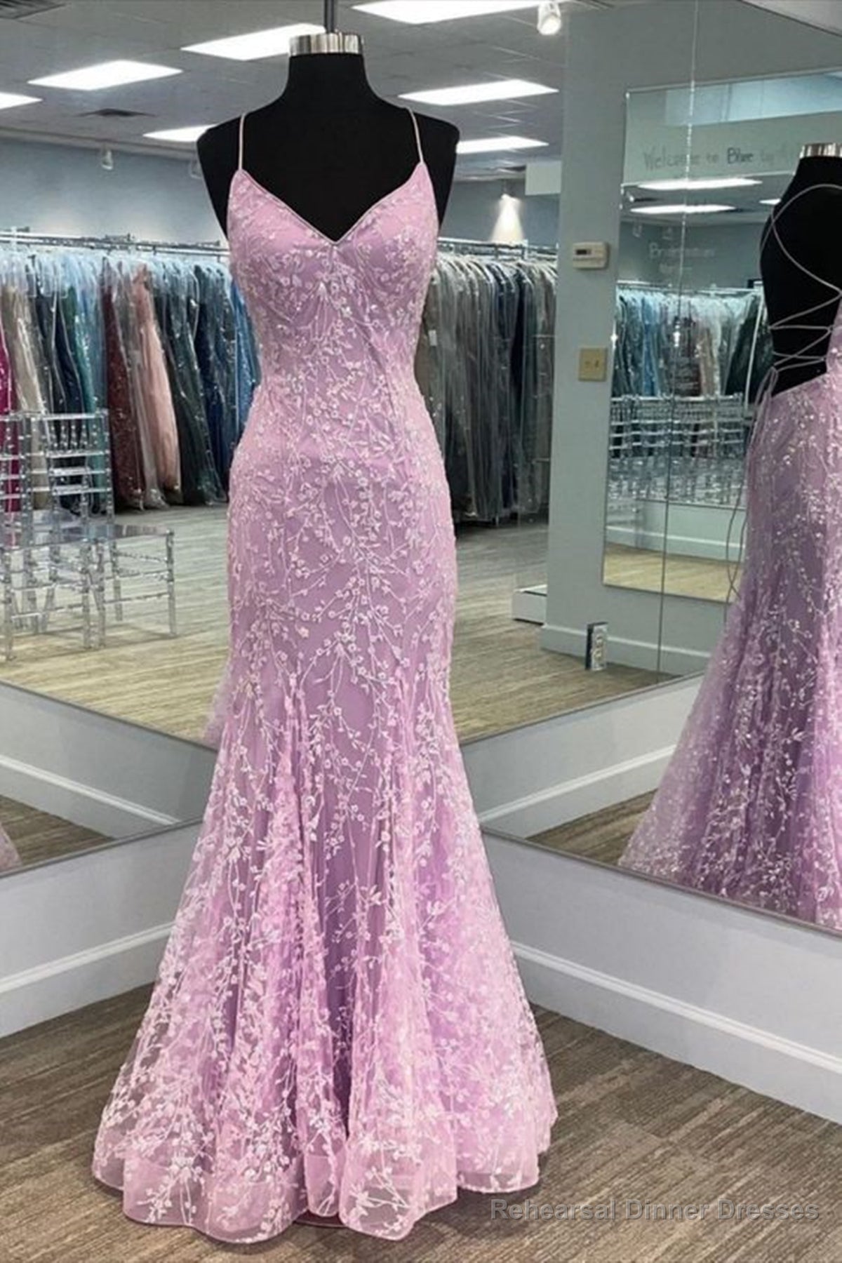V Neck Backless Mermaid Purple Lace Long Prom Dress, Mermaid Purple Formal Dress, Purple Lace Evening Dress Main image