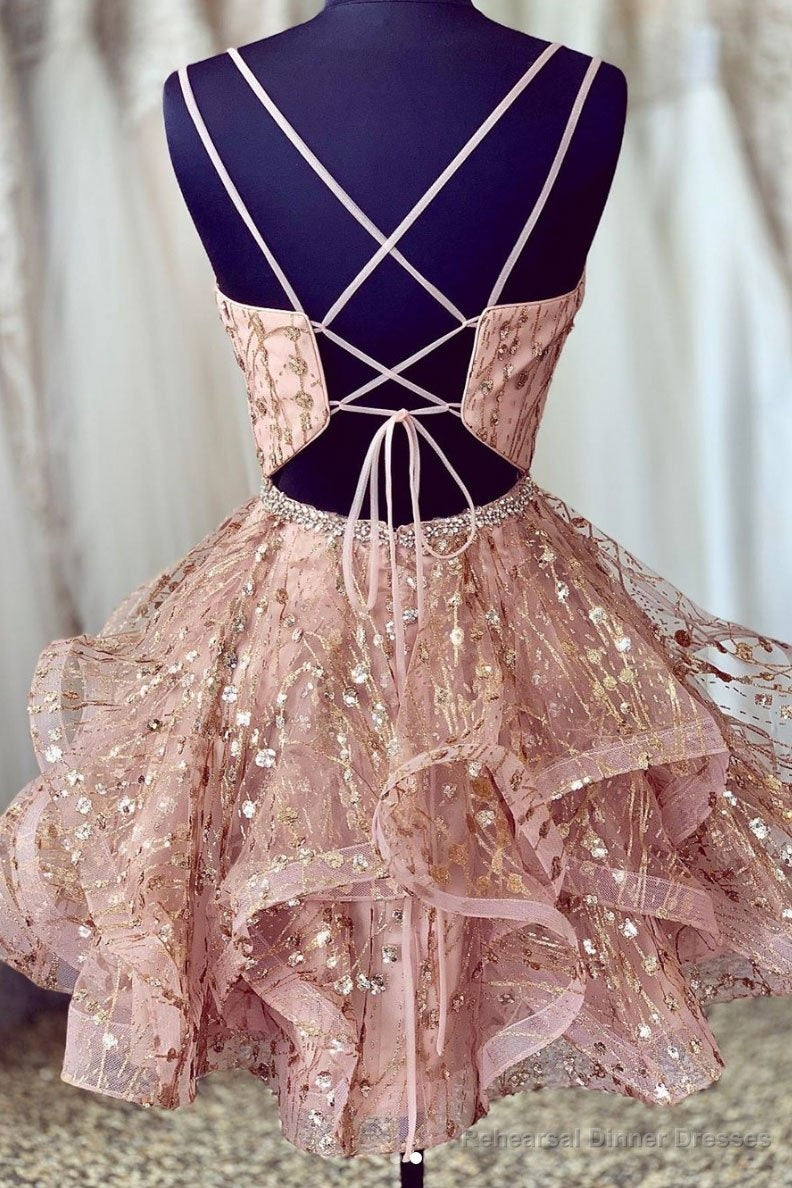 V Neck Short Champagne Lace with Corset Back Short Lace Homecoming Dresses Secondary image