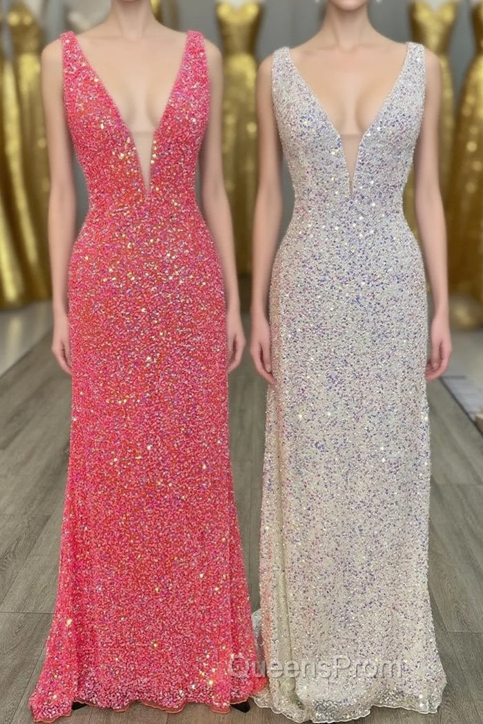 V neck Sequin Mermaid Long Evening Prom Dress Main image