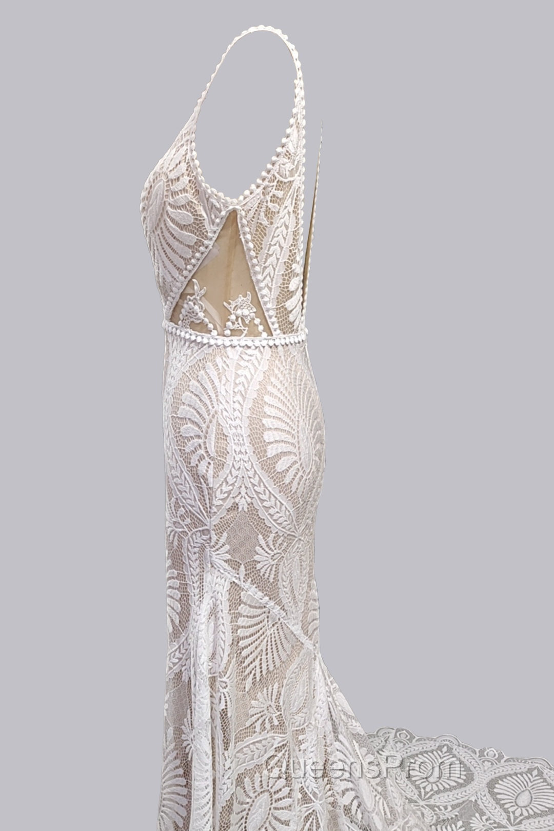 Elegant Spaghetti Straps V Neck Mermaid Lace Wedding Dress