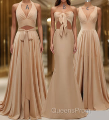 Elegant A-Line Sexy V Neck Gold Long Modest Side-Slit Bridesmaid Dress