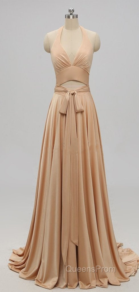 Elegant A-Line Sexy V Neck Gold Long Modest Side-Slit Bridesmaid Dress Secondary image
