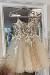 Beige Spaghetti Straps Homecoming Dress With Appliques
