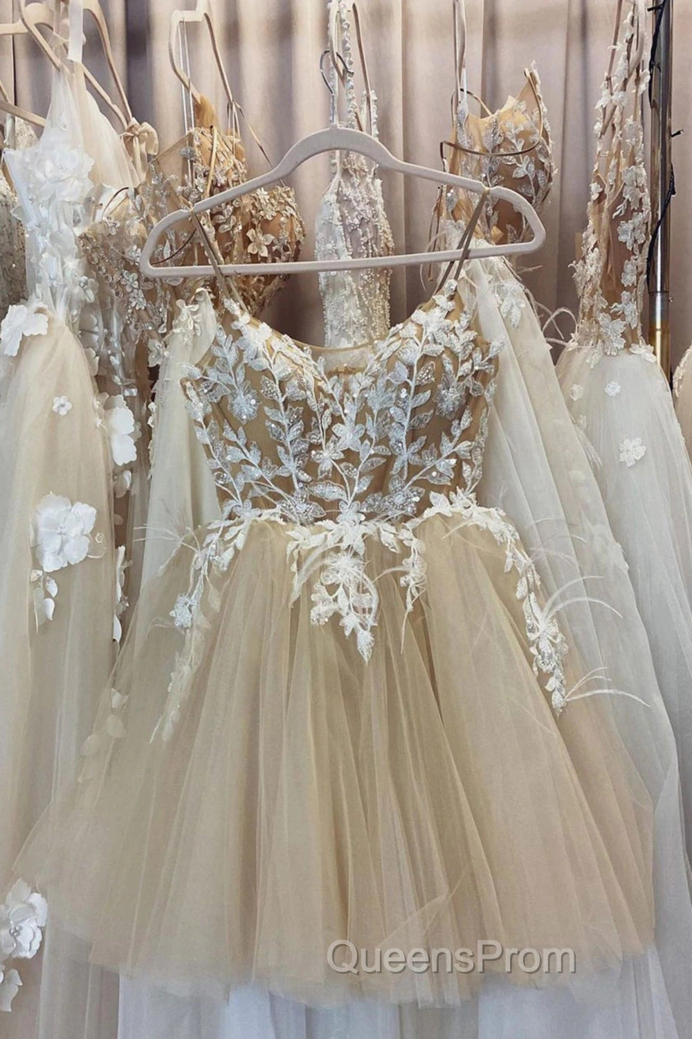 Beige Spaghetti Straps Homecoming Dress With Appliques Secondary image