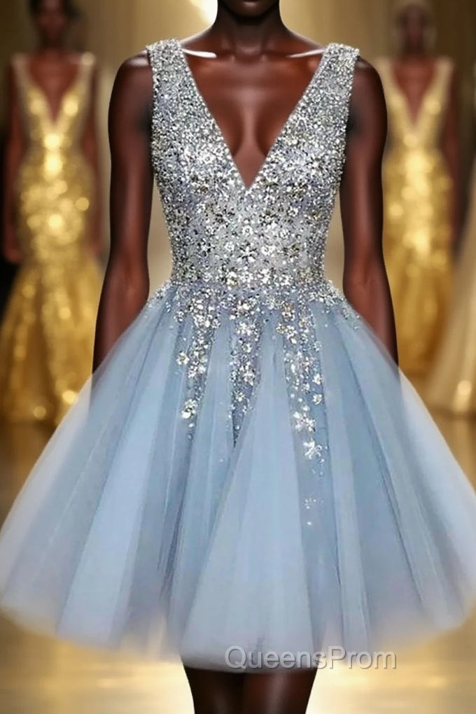 Blue V Neck Homecoming Dress With Beadings