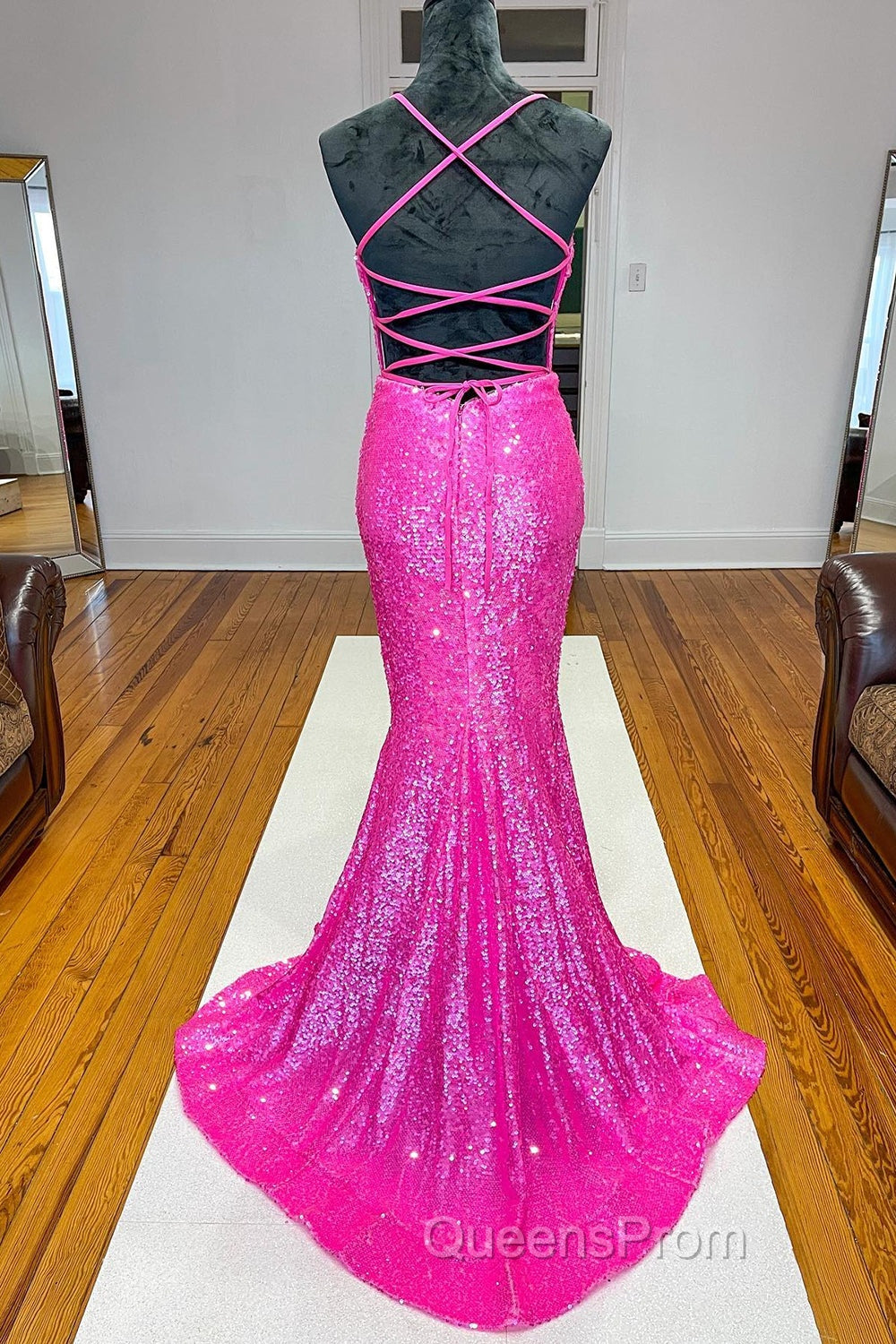 Fuchsia Mermaid Backless Sequined Evening Prom Dress Secondary image