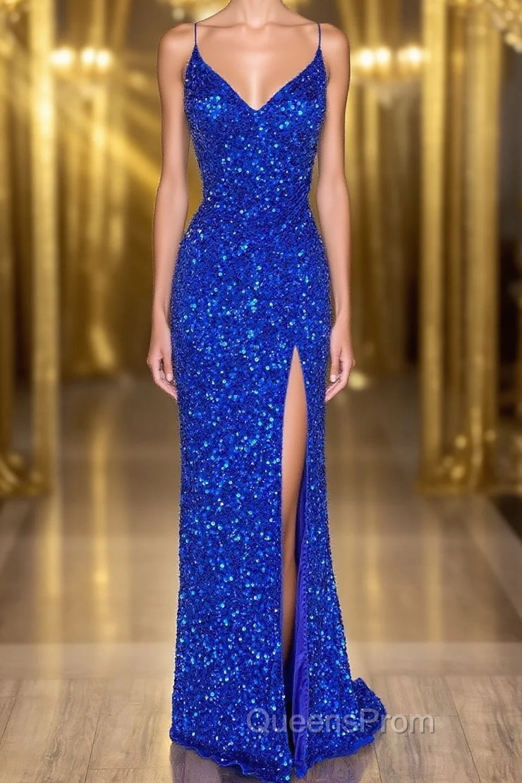 Mermaid Spaghetti Straps Royal Blue Sequins Long Evening Prom Dress Main image