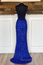 Mermaid Spaghetti Straps Royal Blue Sequins Long Evening Prom Dress