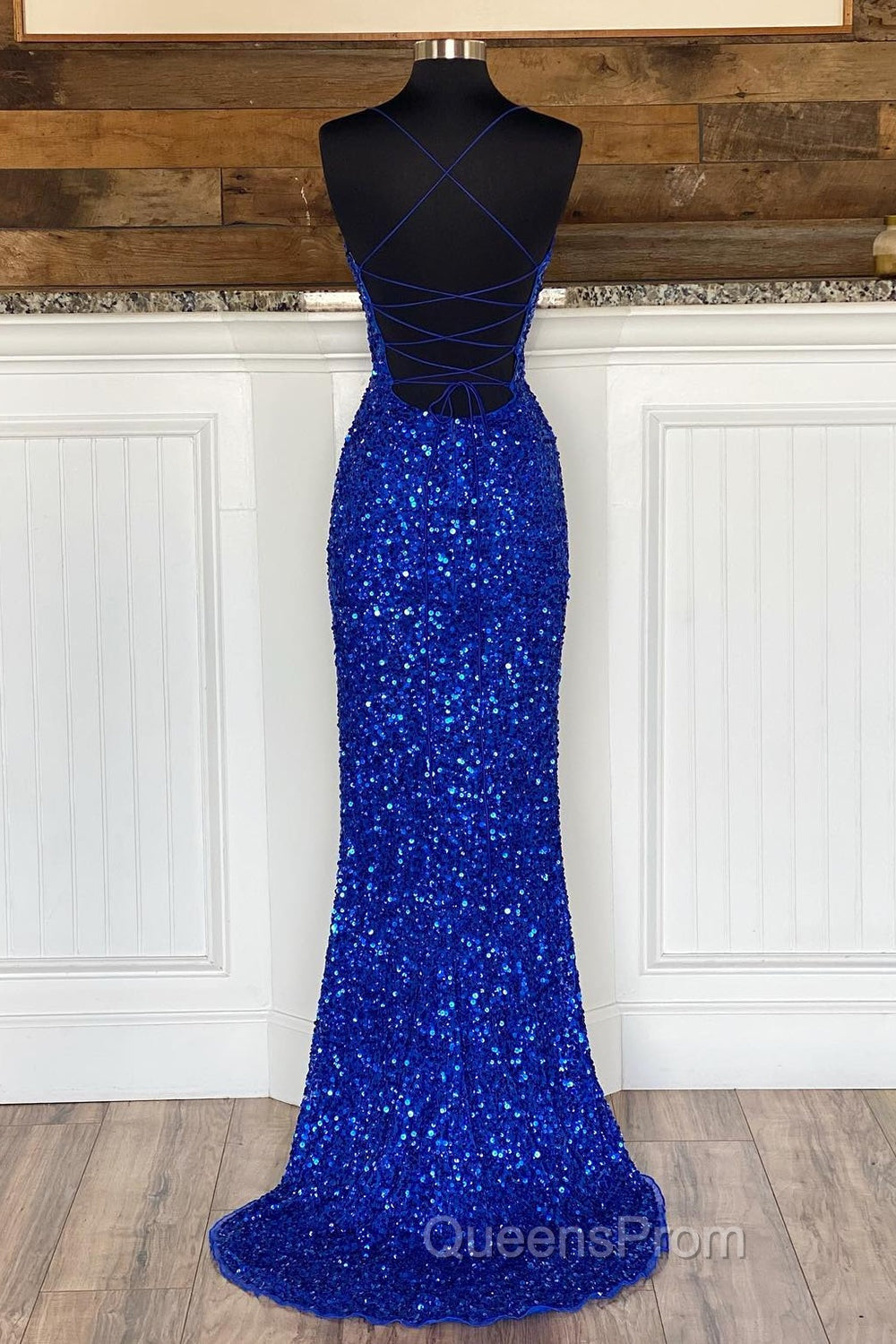 Mermaid Spaghetti Straps Royal Blue Sequins Long Evening Prom Dress