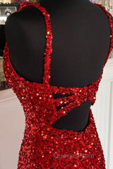 Sheath Spaghetti Straps Red Sequins Evening Prom Dress with Split Front