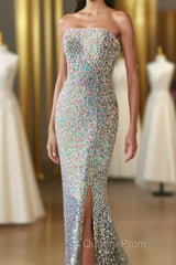 Silver Strapless Lace-Up Sequins Long Evening Prom Dress with Slit