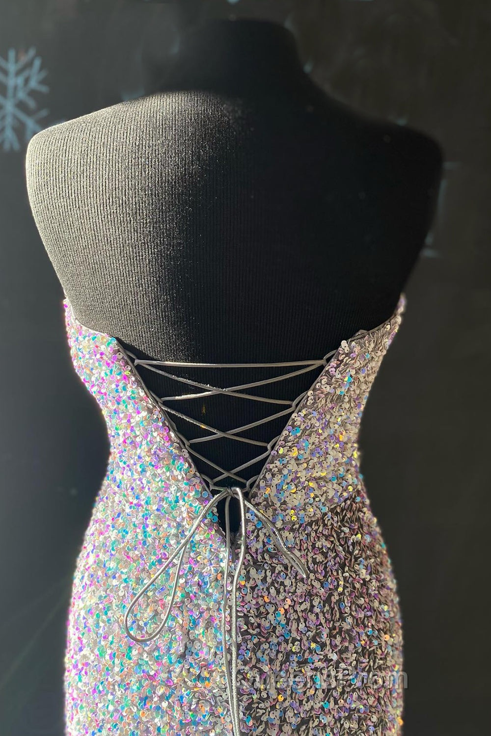 Silver Strapless Lace-Up Sequins Long Evening Prom Dress with Slit Secondary image