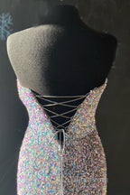 Silver Strapless Lace-Up Sequins Long Evening Prom Dress with Slit
