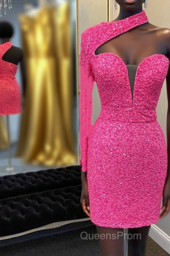 Hot Pink One Shoulder One Sleeves Tight Sequins Short Homecoming Dress Main image