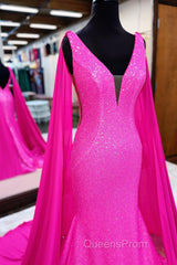 Hot Pink Mermaid Evening Prom Dress With Wateau Train