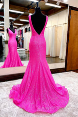 Hot Pink Mermaid Evening Prom Dress With Wateau Train