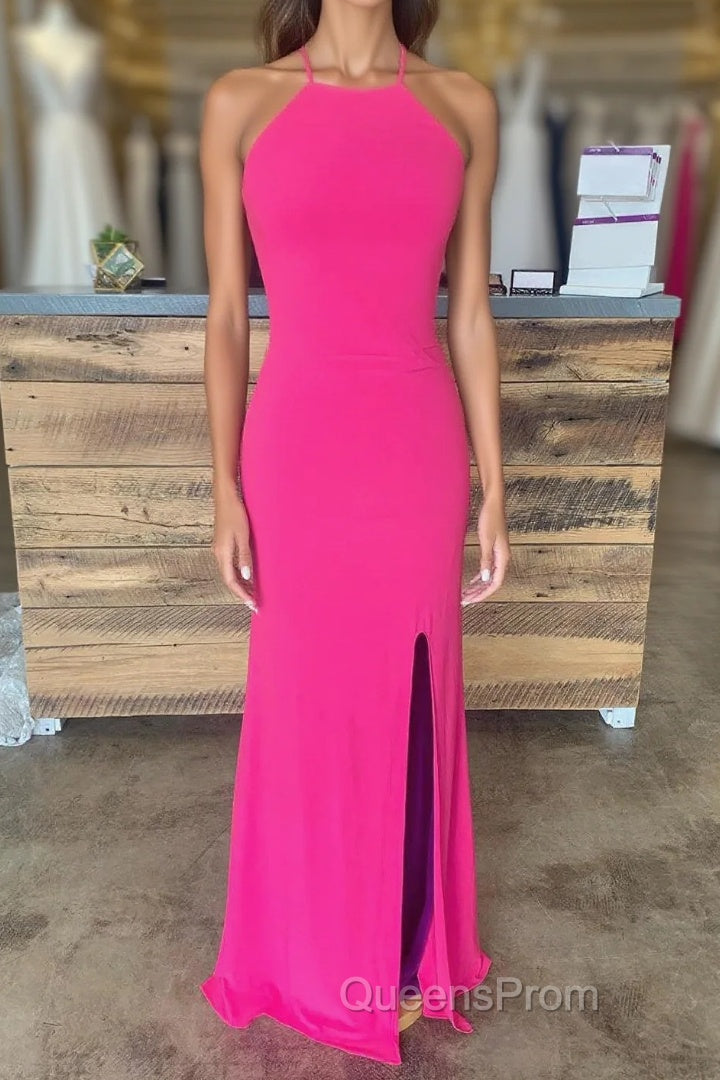 Sheath Halter Hot Pink Long Evening Prom Dress with Silt Main image