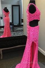 Hot Pink One Shoulder Sequins Evening Prom Dress with Slit