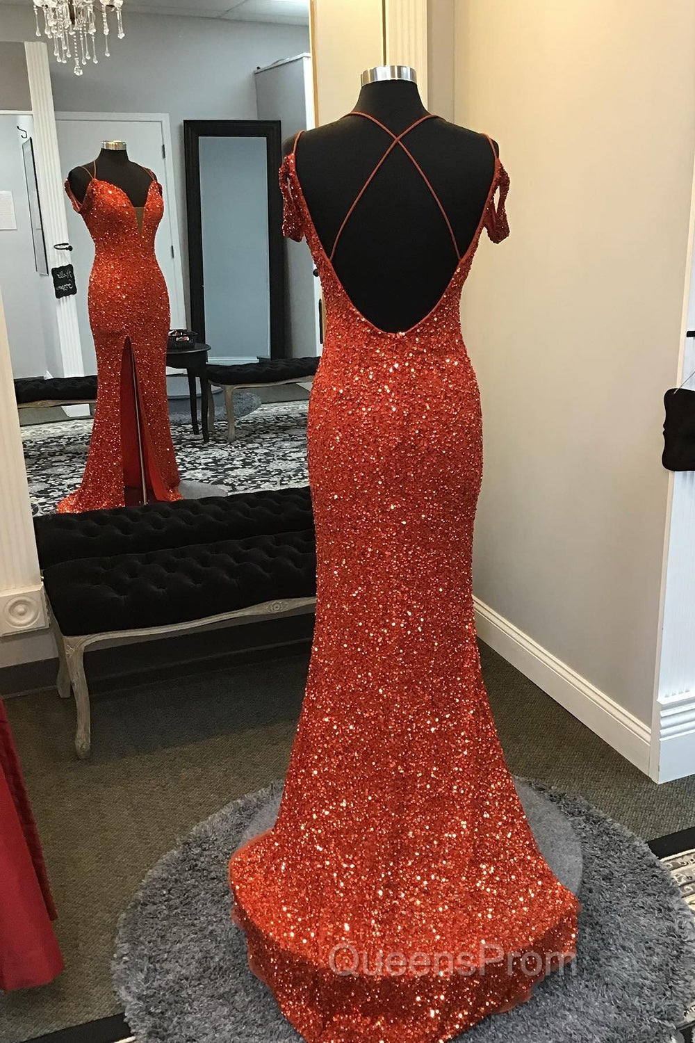 Orange Sparkly Spaghetti Straps Sequins Long Evening Prom Dress with Slit Secondary image
