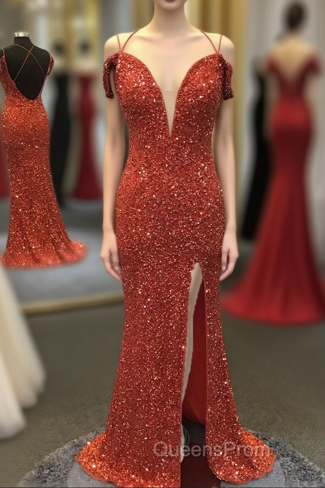 Orange Sparkly Spaghetti Straps Sequins Long Evening Prom Dress with Slit Main image