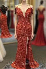 Orange Sparkly Spaghetti Straps Sequins Long Evening Prom Dress with Slit