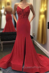 Beaded Red Mermaid Evening Prom Dress with Appliques
