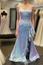 Plus Size Light Blue Sweetheart Mermaid Sequins Long Evening Prom Dress with Feathers