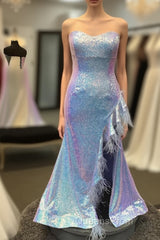 Plus Size Light Blue Sweetheart Mermaid Sequins Long Evening Prom Dress with Feathers