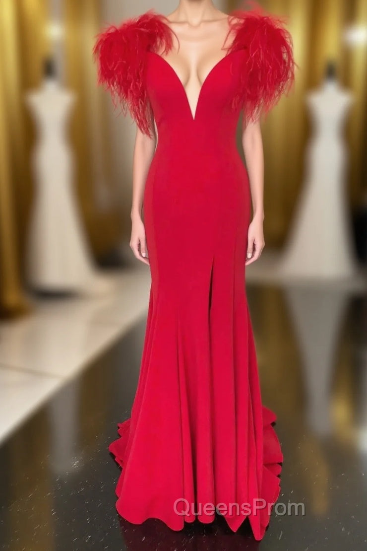 Red Mermaid Long Evening Prom Dress with Feathers Main image