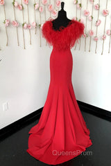 Red Mermaid Long Evening Prom Dress with Feathers