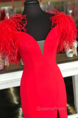 Red Mermaid Long Evening Prom Dress with Feathers
