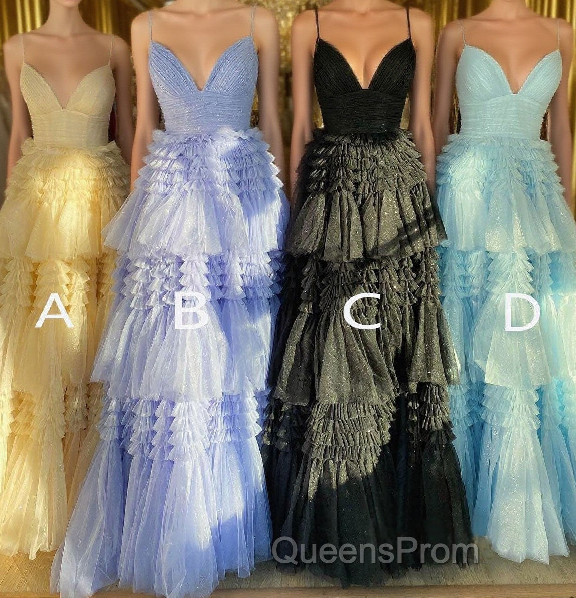 Sparkly Spaghetti Straps Tiered Tulle Evening Prom Dress, New Long Party Gown Main image
