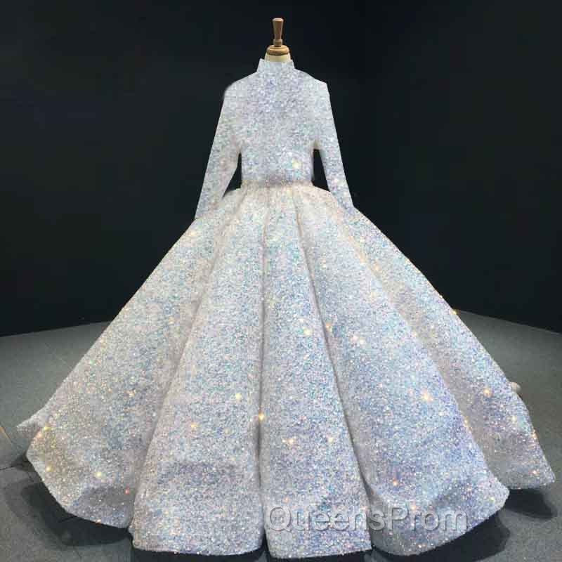Glitter High Neck Open Back Lace Up Ball Gown Evening Prom Dress