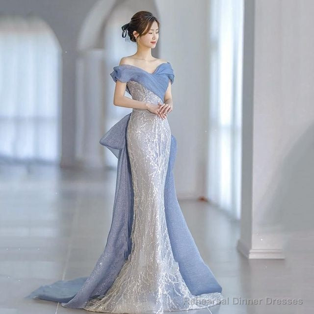 Off-Shoulder Paneled Lace Mermaid Evening Gown Main image