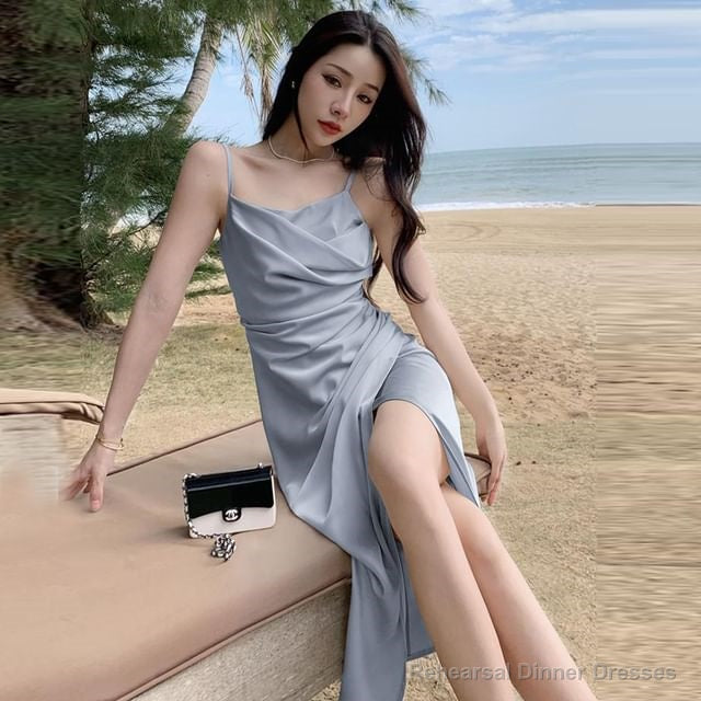 Blue Spaghetti Strap Cowl Neck Plain Ruched Satin Slit Midi Sheath Dress Main image
